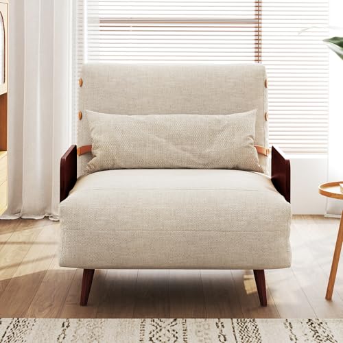 Convertible Chair Bed Sleeper for Adults, Linen with Wooden Arms & Pillows, Foldable Single Futon Sofa Bed Q683821