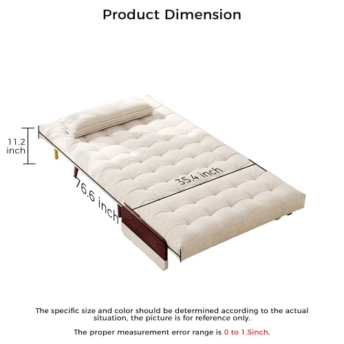 Convertible Chair Bed Sleeper for Adults, Linen with Wooden Arms & Pillows, Foldable Single Futon Sofa Bed Q683821