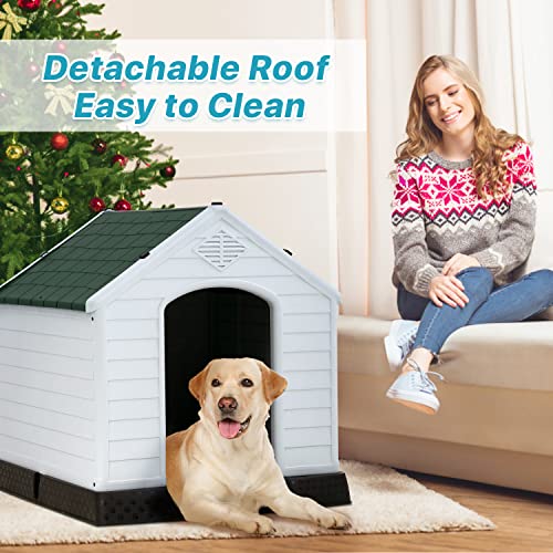 White Large Dog House Indoor Outdoor Waterproof Plastic Pet Shelter Kennel with Elevated Floor S1257