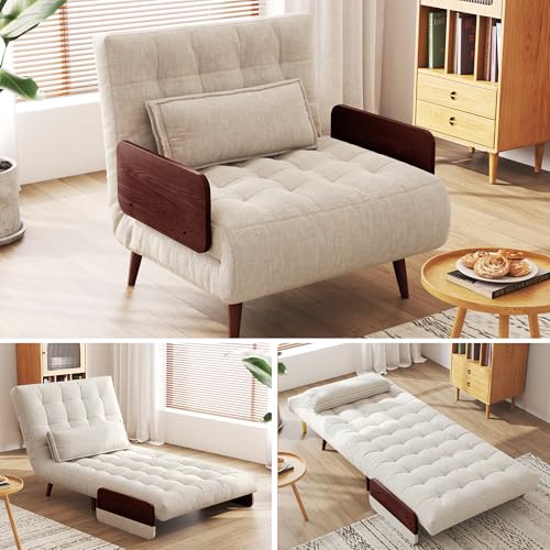 Convertible Chair Bed Sleeper for Adults, Linen with Wooden Arms & Pillows, Foldable Single Futon Sofa Bed Q683821