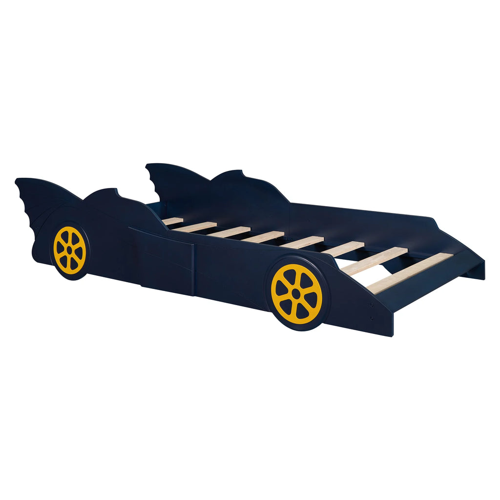 Race Car Shaped Twin Bed Frame with Wheels, Wooden Slats, No Box Spring Needed E72786