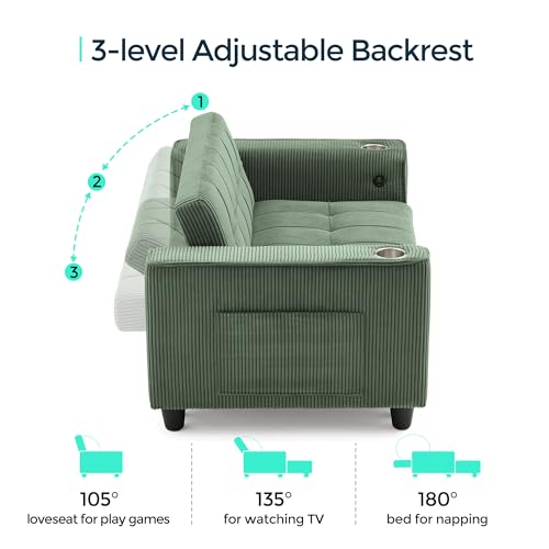 3-in-1 Convertible Sofa Bed with Charging Station, Green R3379