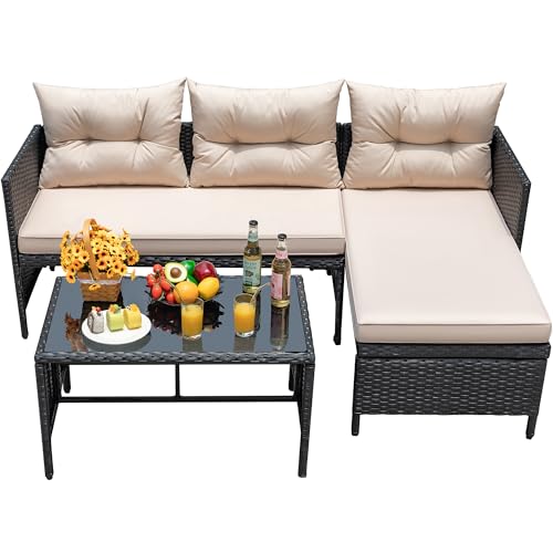 Outdoor Patio 3-Piece Rattan Sectional Sofa with Cushion and Glass Table A396028
