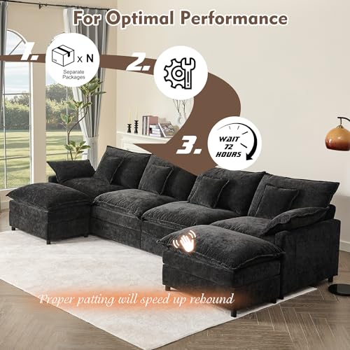 U Shaped Modular Sectional Sofa with Ottoman, Chenille, Black Z16537