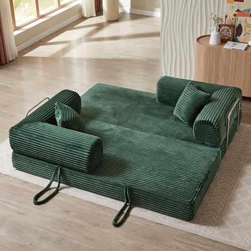 81" Foldable Convertible Sleeper Sofa Bed with Corduroy Upholstery and Pillow O1547