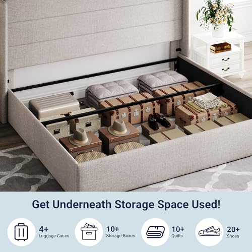 Full Size Lift Up Storage Bed with Wingback Headboard, Hydraulic Support, Light Beige P736605