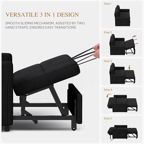 Convertible Sofa Bed, 3-in-1 Sleeper with Pull-Out Bed, Linen Futon Couch H198