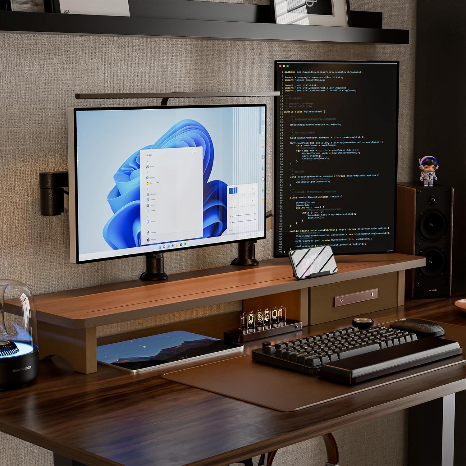 Dual Monitor Riser with Drawers, Sturdy Wood Stand for 2 Monitors N801679