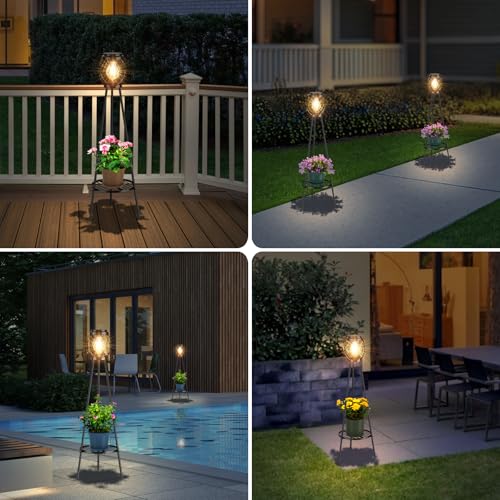 Solar Lights Outdoor with Plant Stands, Metal Tripod Patio Lamp B77585