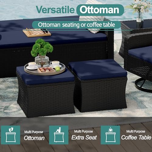Wicker Patio Furniture Set with Swivel Recline Chairs and Storage Ottoman B707