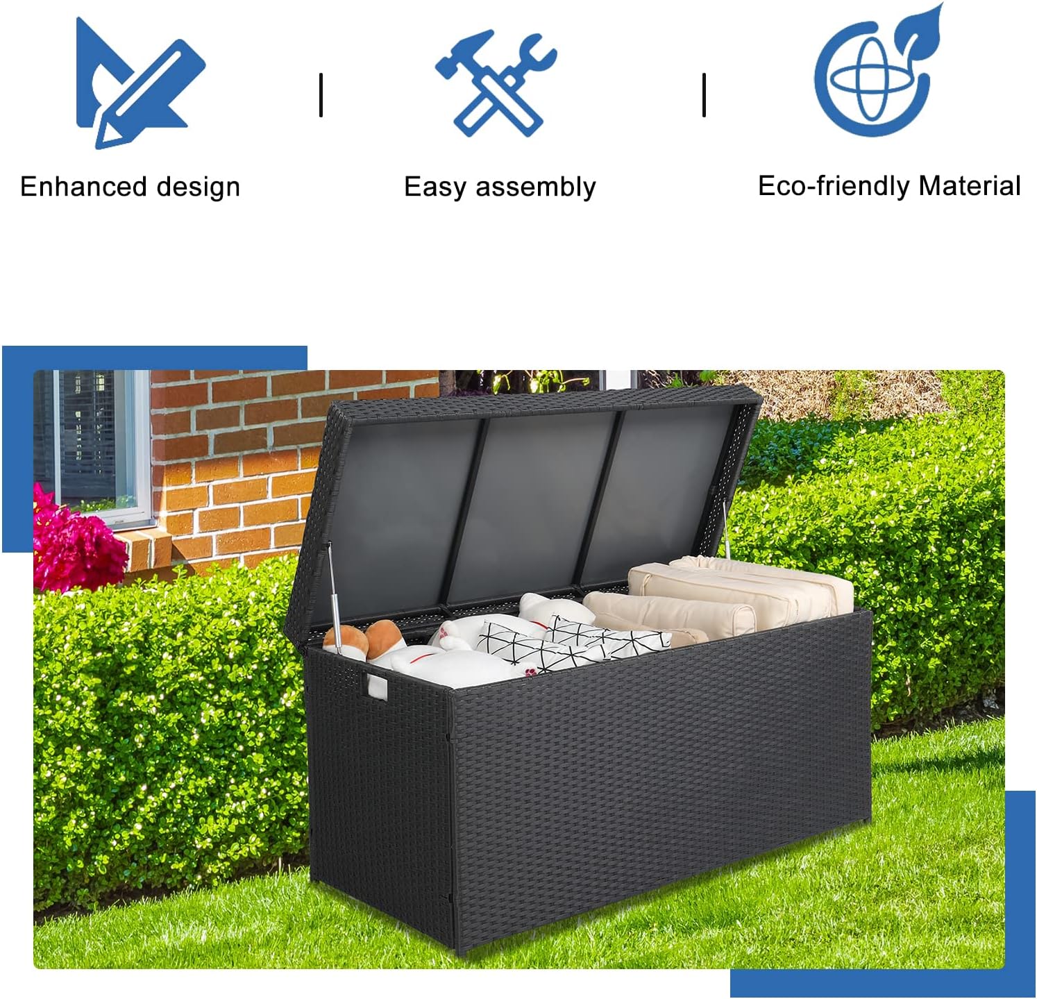 Large Deck Box with Lid - Weather Resistant Outdoor Storage Container for Toys and Tools T398