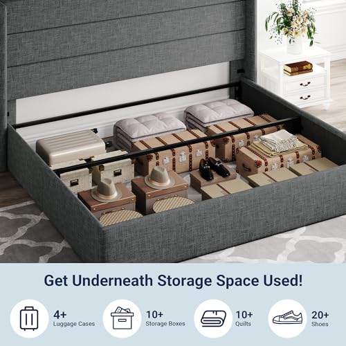 Full Size Lift Up Storage Bed with Wingback Headboard, Hydraulic Support, Light Beige P736605