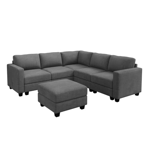 Corduroy Modular Sectional Couch with Storage, L-Shaped, 6 Seater, Dark Gray X823135