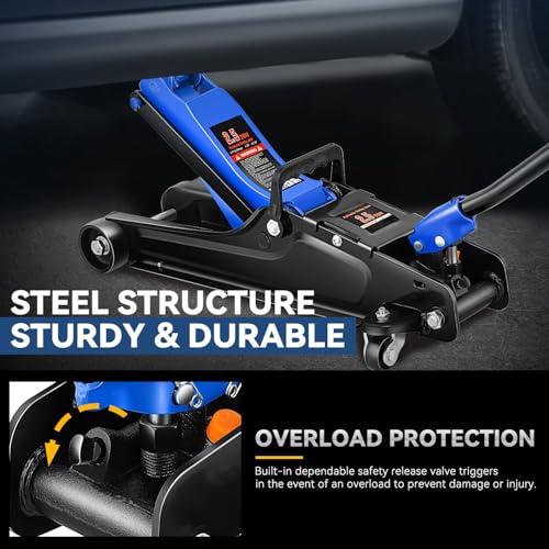 4 Ton Low Profile Floor Jack, Heavy Duty Steel Hydraulic with Dual Pistons Quick Lift Pump P3195