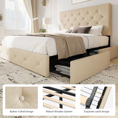 Upholstered Queen Platform Bed Frame with 4 Storage Drawers and Headboard G724955