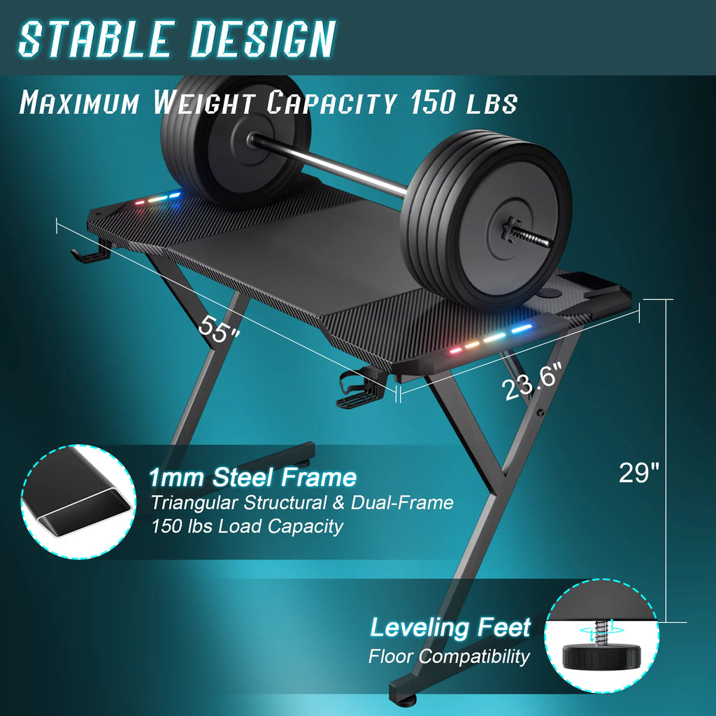 55 Inch Gaming Desk with LED Lights and Carbon Fibre Surface B58941