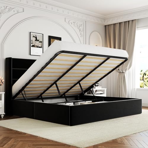 Full Size Lift Up Storage Bed with Wingback Headboard, Hydraulic Support, Light Beige P736605