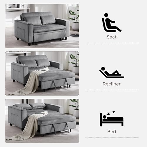 3 in 1 Convertible Sleeper Sofa Bed, Corduroy Pull Out Futon Couch with Charging Station & Cup Holder, Folding Loveseat Sofa Bed with Side Pocket, Light Grey W412