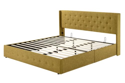 Full Size Lift Up Storage Bed with Wingback Headboard, Hydraulic Support, Light Beige P736605