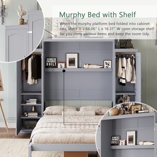 Murphy Bed with Two Wardrobes and Storage Shelf for Small Bedrooms A623