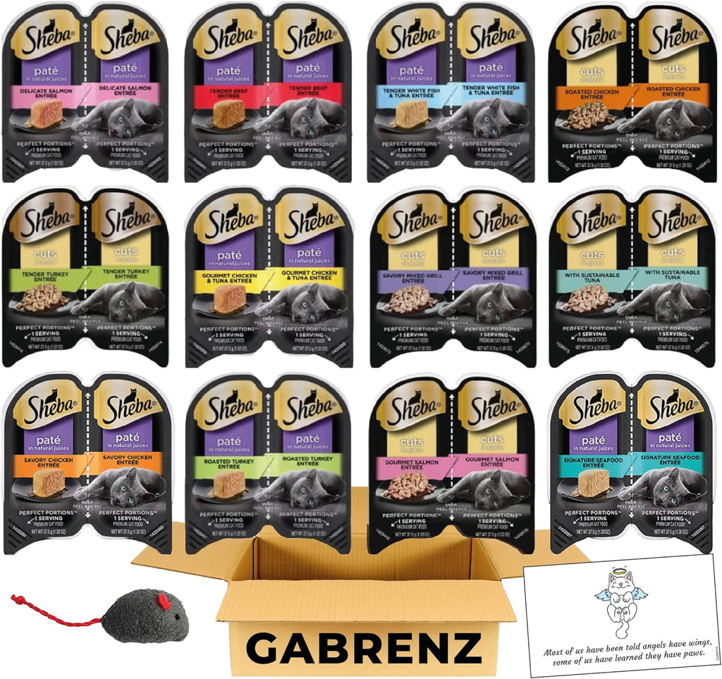 Sheba Perfect Portions Pate Wet Cat Food Cuts in Gravy Variety Pack All Flavors, Beef, Chicken, Salmon, Turkey, Tuna, White Fish I 12 Packs (24 Servings)| Plus Toy Mouse and a Cute Gbz Sticker.