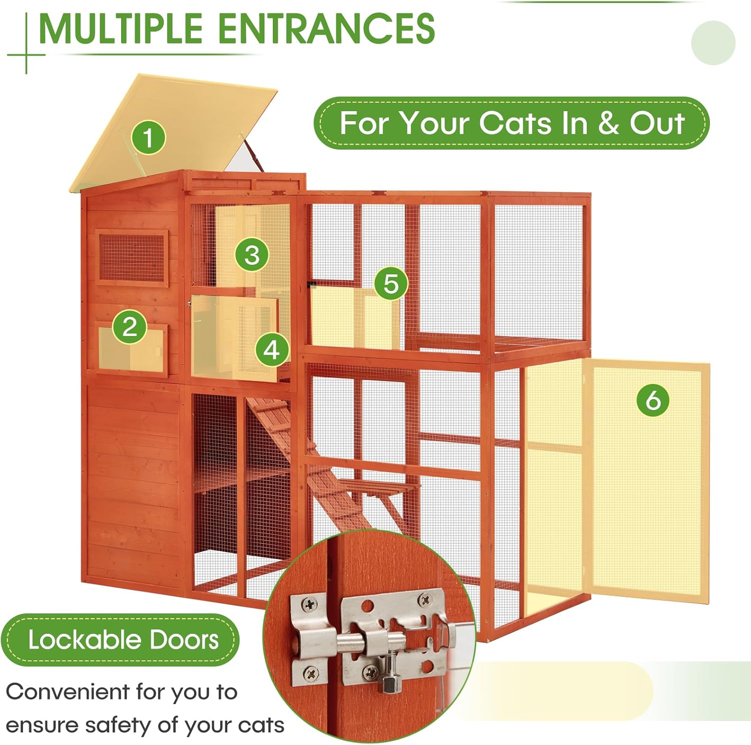 Catio Large Outdoor Cat Enclosure Wooden Walk-in Cage with Platform and 4 Resting Rooms P195