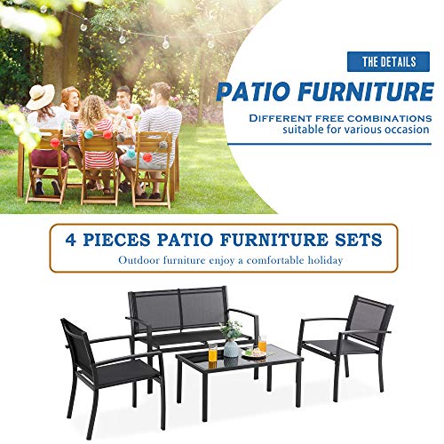 Patio Furniture Set with Glass Coffee Table, 4 Pieces, Black Q940