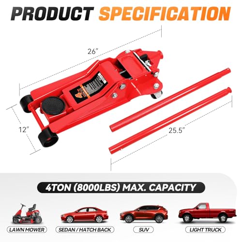 4 Ton Low Profile Floor Jack, Heavy Duty Steel Hydraulic with Dual Pistons Quick Lift Pump P3195