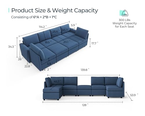 Modular Sectional Sofa with Storage, U Shaped Couch, Blue Y4358