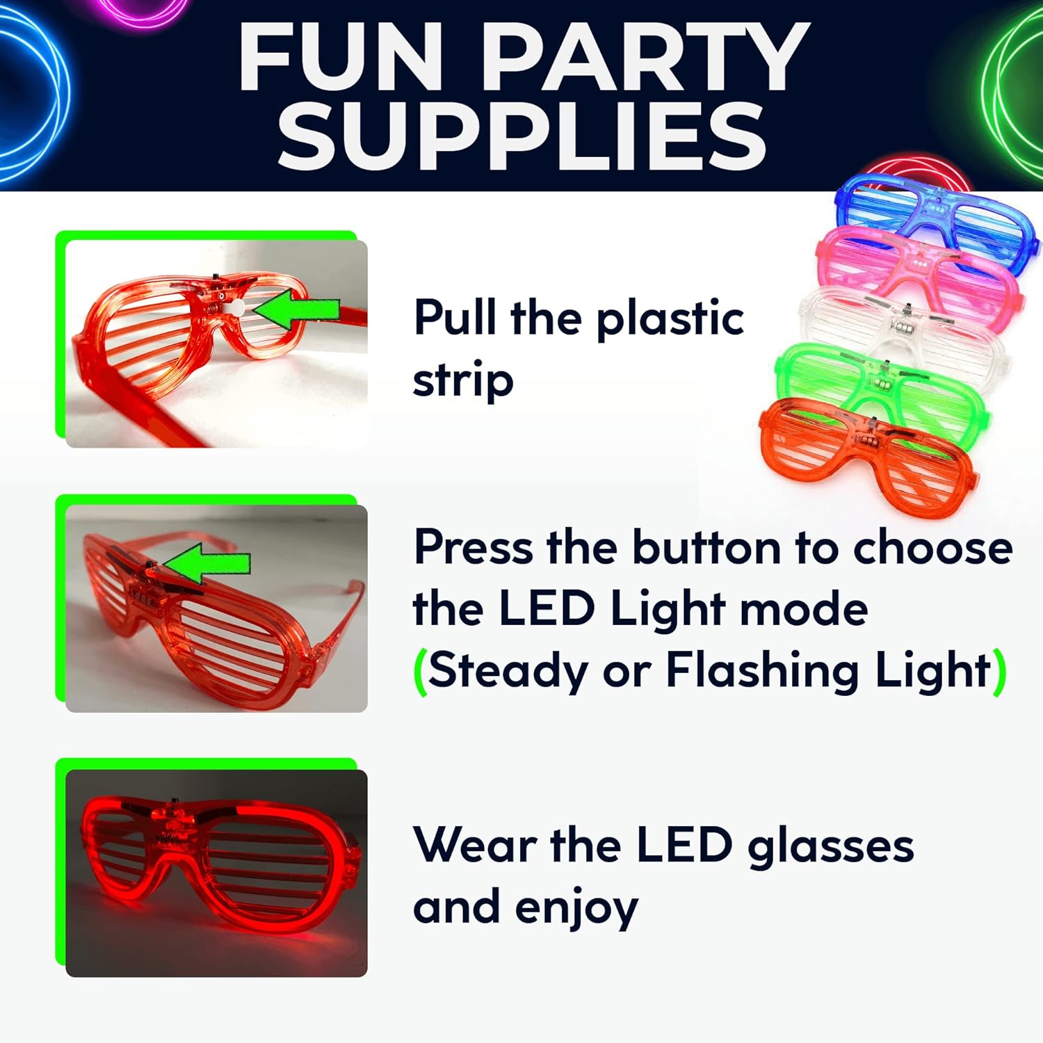 Neon LED Glow in the Dark Party Glasses, 25 Pieces Light Up Favors for Kids V238