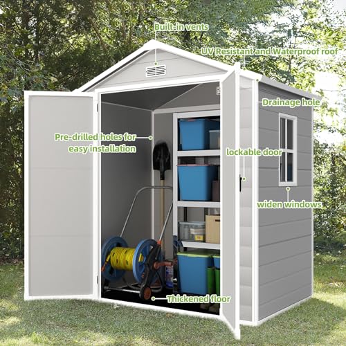 Outdoor Storage Shed 6x4.4FT, Resin with Floor, Lockable Doors for Garden Tools E30130