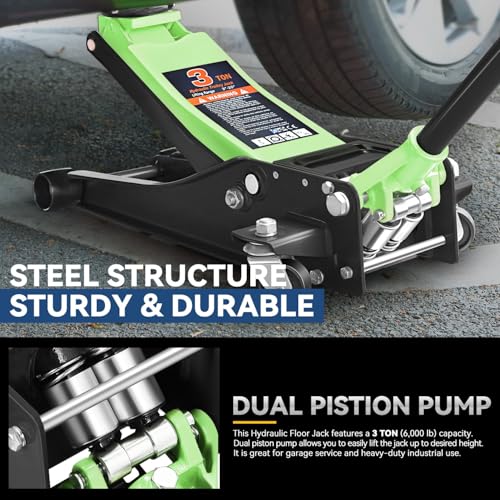 4 Ton Low Profile Floor Jack, Heavy Duty Steel Hydraulic with Dual Pistons Quick Lift Pump P3195