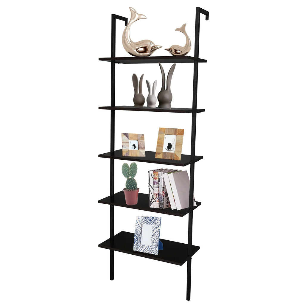 Wood Ladder Bookcase with Metal Frame, 5-Tier, Dark Walnut B71550