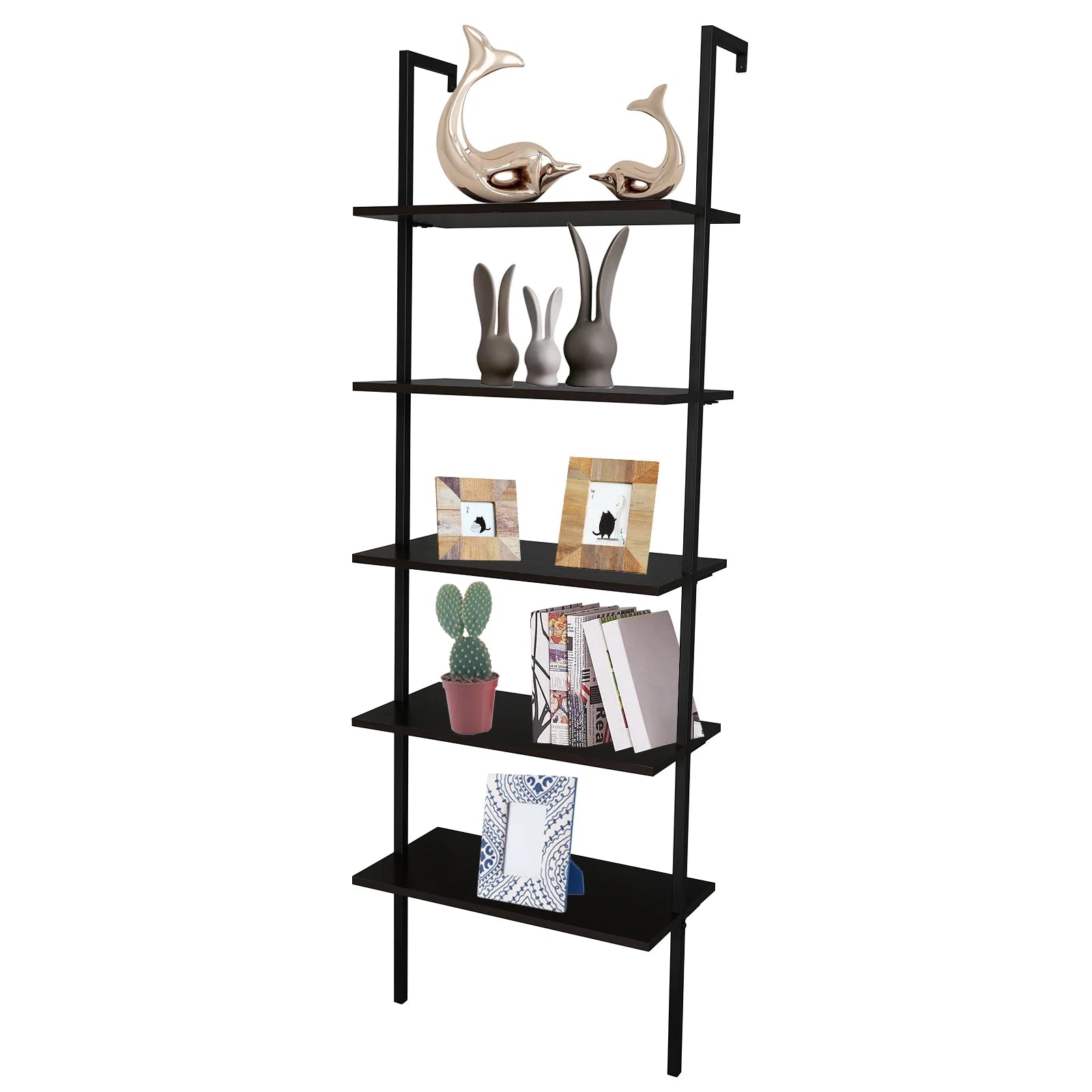 Wood Ladder Bookcase with Metal Frame, 5-Tier, Dark Walnut B71550