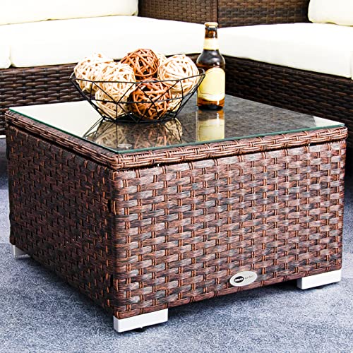 Outdoor Wicker Patio Side Table with Glass Top P11489