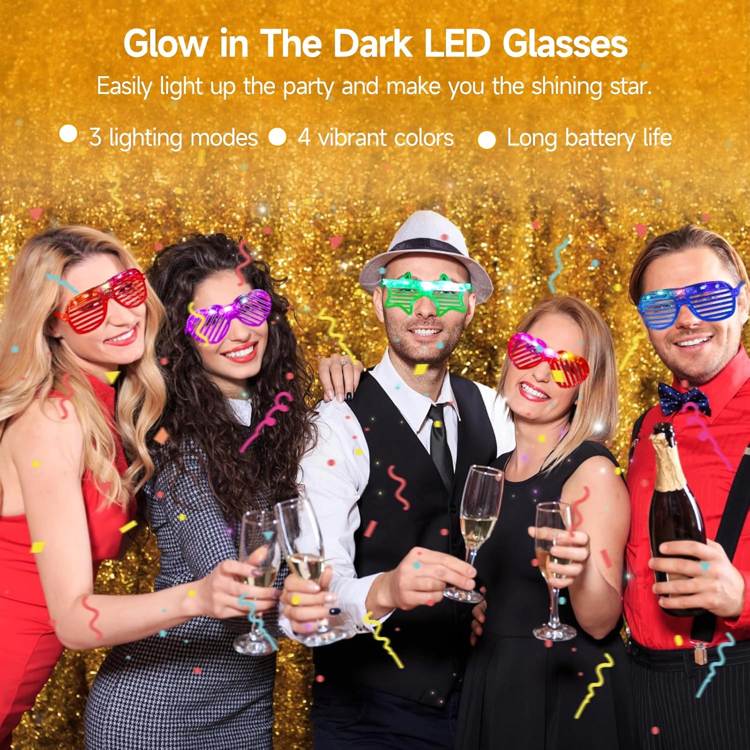LED Glasses, 3 Shapes Shutter Shades, 4 Colors, Glow in The Dark Party Favors F204