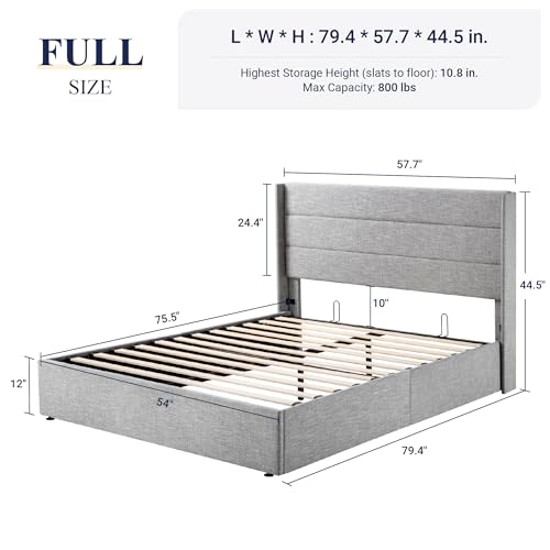 Full Size Lift Up Storage Bed with Wingback Headboard, Hydraulic Support, Light Beige P736605
