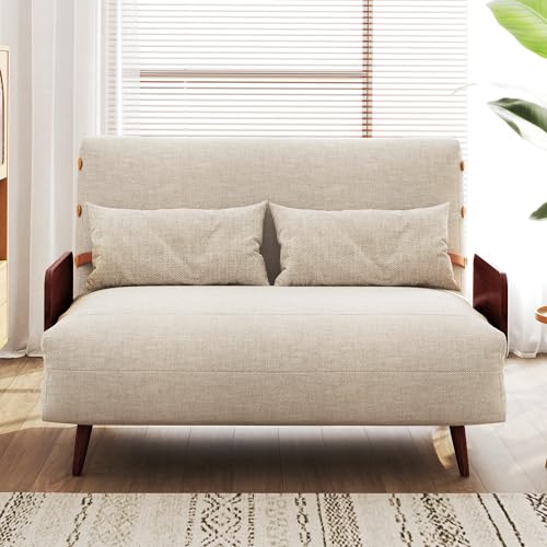 Convertible Chair Bed Sleeper for Adults, Linen with Wooden Arms & Pillows, Foldable Single Futon Sofa Bed Q683821