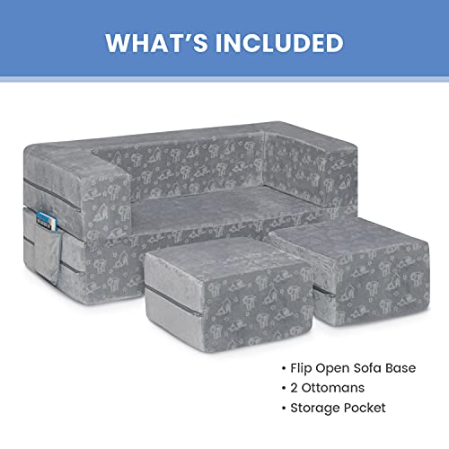 Convertible Sofa & Play Set for Kids and Toddlers with 2 Ottomans, Grey J8536