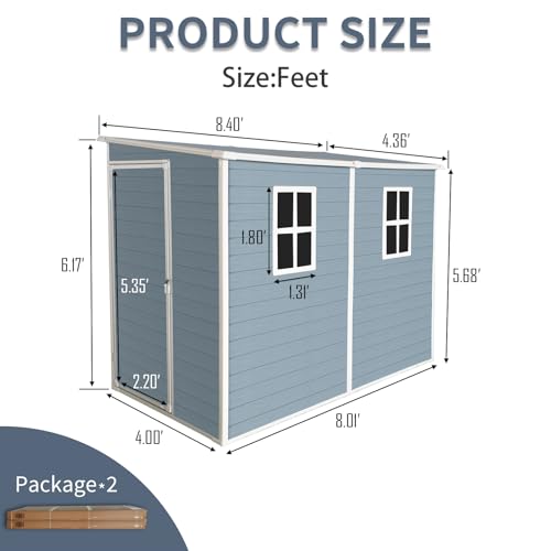 Outdoor Resin Storage Shed with Floor, 2 Windows, Lockable Double Door, Grey N19926