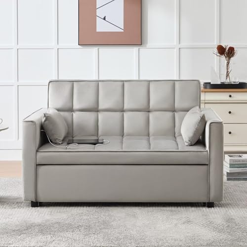 Convertible Sleeper Sofa Couch Bed with USB Port, Adjustable Backrest, Light Grey G549