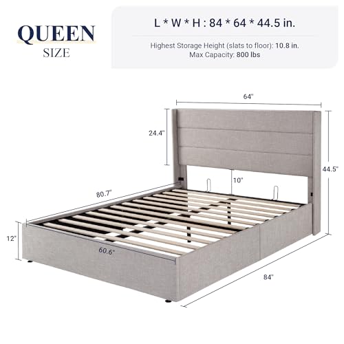 Full Size Lift Up Storage Bed with Wingback Headboard, Hydraulic Support, Light Beige P736605