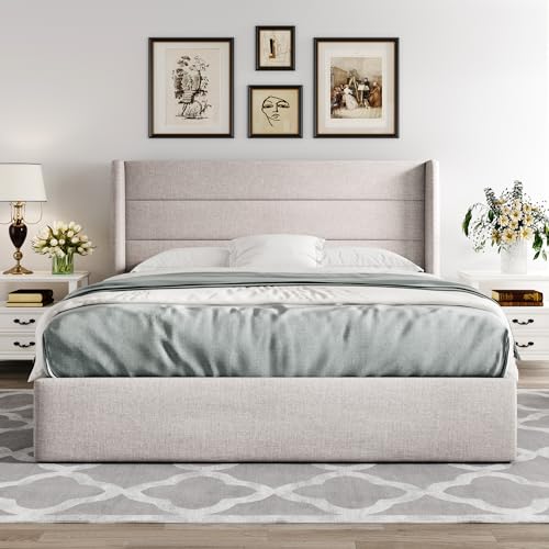 Full Size Lift Up Storage Bed with Wingback Headboard, Hydraulic Support, Light Beige P736605