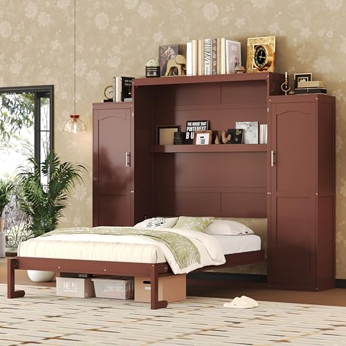 Murphy Bed with Two Wardrobes and Storage Shelf for Small Bedrooms A623