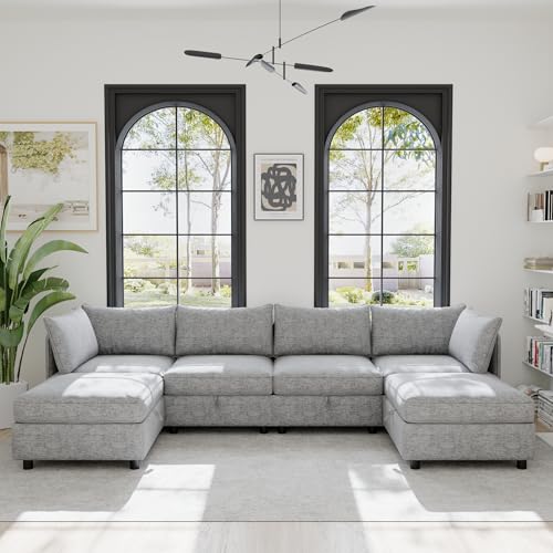 Modular Storage Sectional Sofa with Movable Ottomans, U-Shaped Chenille U839651