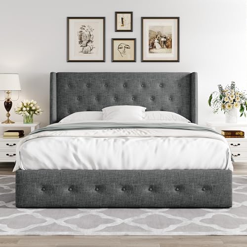 Full Size Lift Up Storage Bed with Wingback Headboard, Hydraulic Support, Light Beige P736605