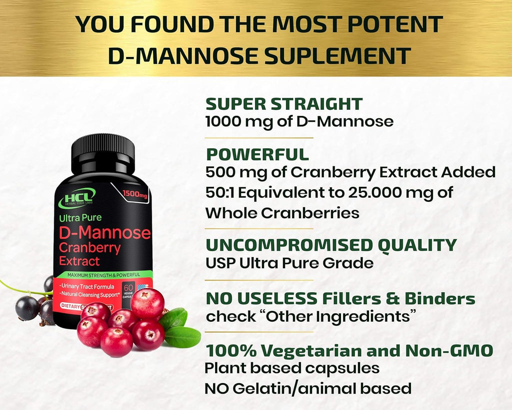 D-Mannose with Cranberry Extract Capsules 1500mg for Urinary Tract Health L7493
