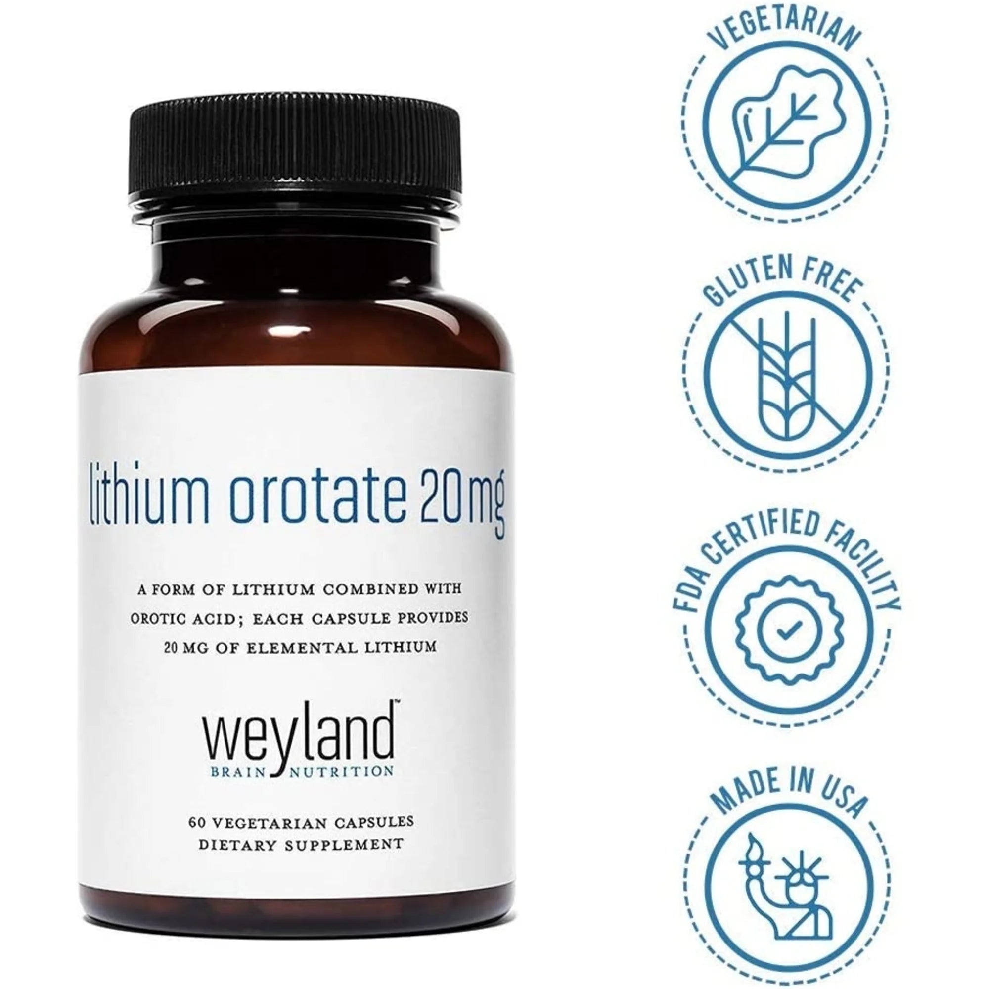 Lithium Orotate 20mg, 60 Vegetarian Capsules F307743