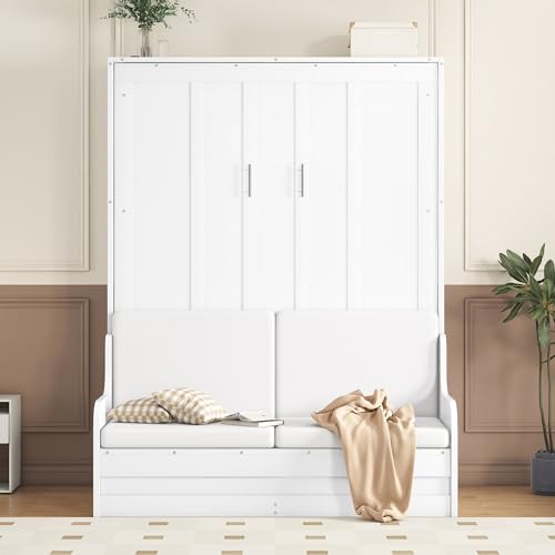 Murphy Bed Queen Size with Cushion, Foldable Sofa Bed Frame with Slat Support, White C2974