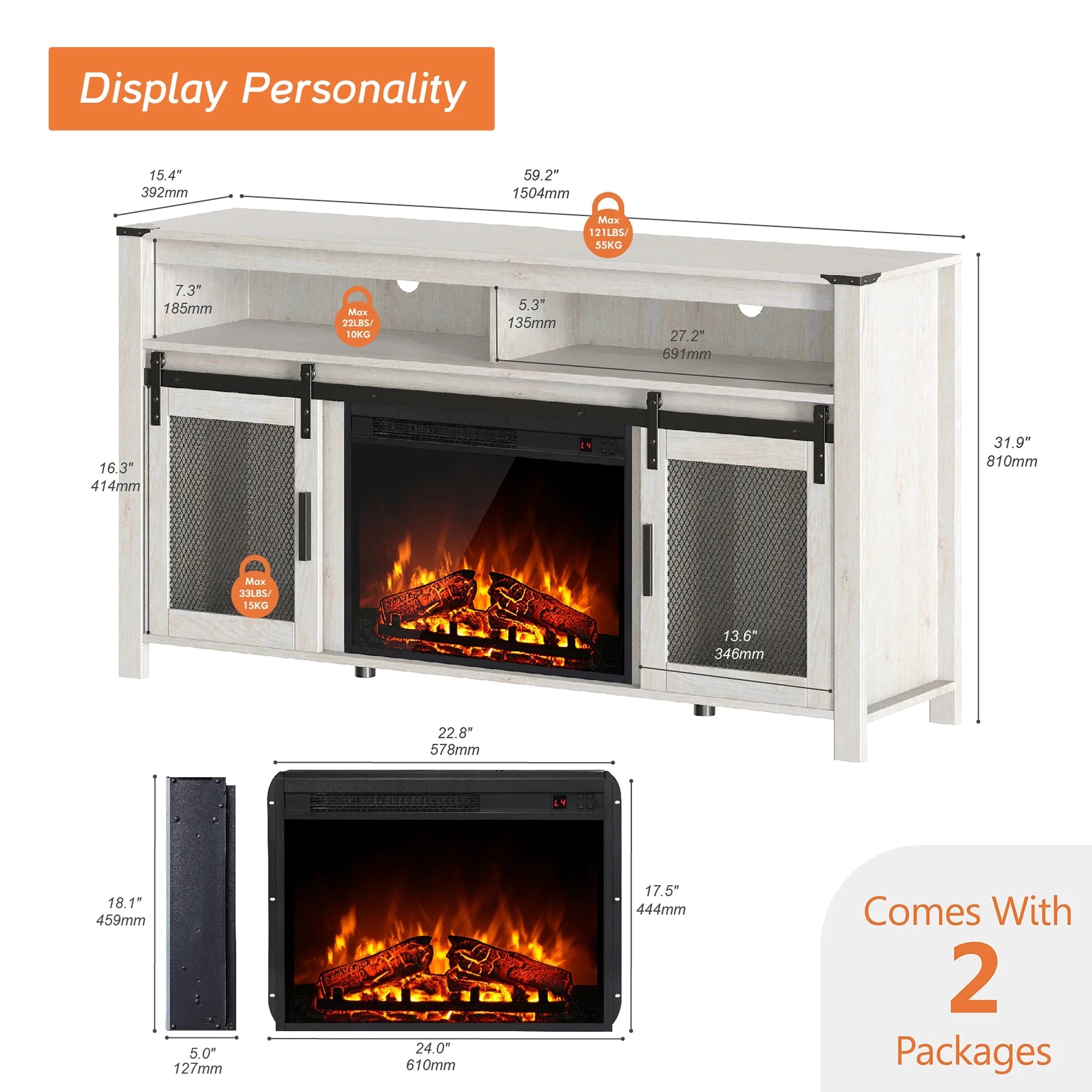 Farmhouse Fireplace TV Stand for 65+ Inch TV, Entertainment Center with Electric Fireplace & Barn Doors Q4240